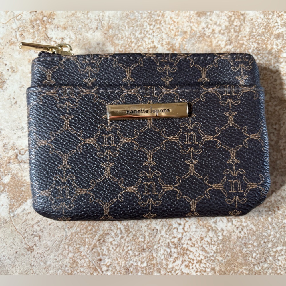 Nanette Lepore Black & Brown Monogram Zip cardholder coin purse
